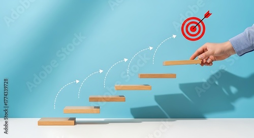 Male hand arranges a wooden block staircase with target icon on pastel blue background in minimal floating step concept