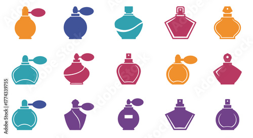 Collection of colorful perfume bottle illustrations in various shapes and sizes