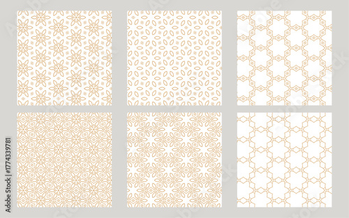 Seamless geometric ornamental pattern collection in gold and beige tones elegant Islamic and Arabic inspired repeating tile designs with floral stars, interlocking shapes, and decorative lattice motif