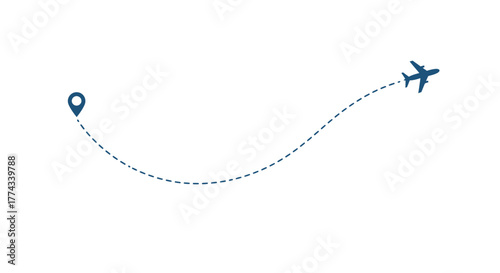 Airplane flight path from a location marker simple travel graphic
