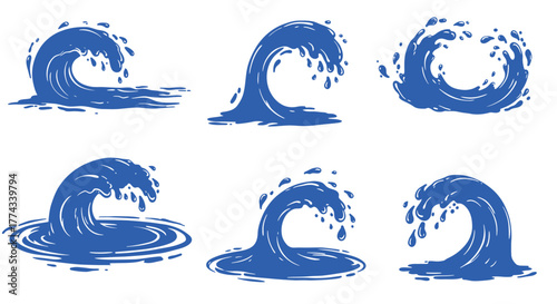 Stylized blue wave illustrations in varying shapes and forms ocean theme