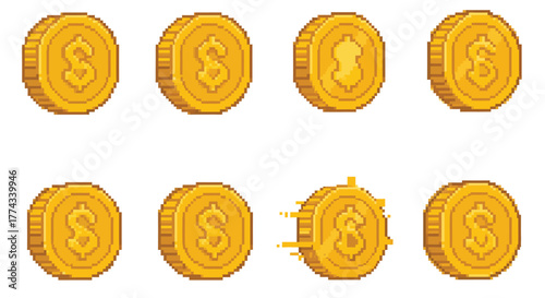 Eight golden coins with dollar signs some slightly damaged or breaking