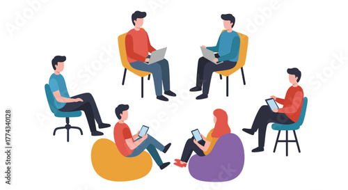 People sitting in a circle using digital devices a collaborative scene