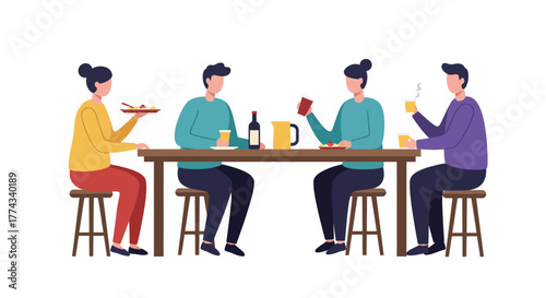Four people enjoying a meal together at a wooden table