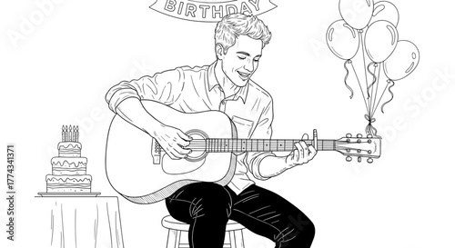 Man playing guitar at birthday party line drawing