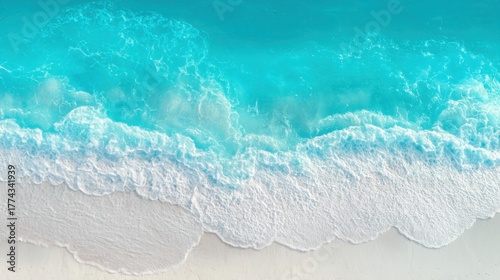 close up of bright turquoise ocean foam on white sand, high saturation, crisp summer vibe