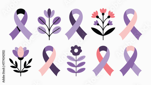 Lilac and Pink Awareness Ribbons with Flowers Isolated on White Background Design