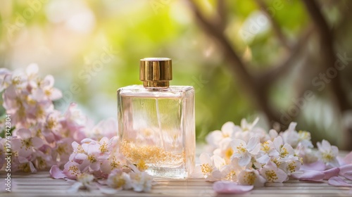 elegant perfume bottle placed among blooming jasmine flowers and soft petals, pastel tones, gentle daylight, artistic focus