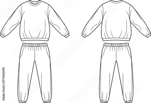 Sweatsuit flat sketch, front and back view, vector fashion illustration, casual wear, unisex loungewear, sweatshirt and sweatpants, ribbed cuffs, elastic waistband