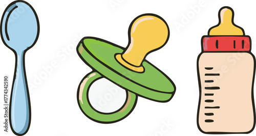 Baby feeding essentials including a spoon, pacifier, and bottle arranged in a row on a white surface representing childhood and care.