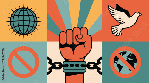 Six Panel Collage Illustrating Freedom, including Dove, Raised Fist with Chains, Globe, and Prohibition Symbols