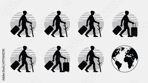 Silhouettes of Travelers with Luggage and Walking Sticks Against a Cloudy Background with Earth Globe