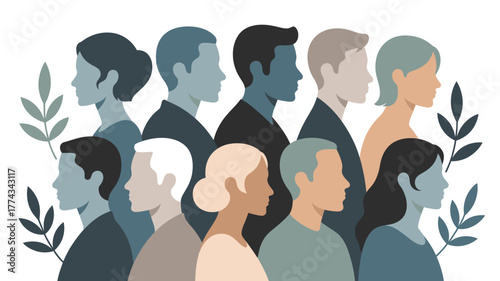Stylized Illustration of Diverse People Silhouettes with Foliage, Showcasing Unity and Diversity