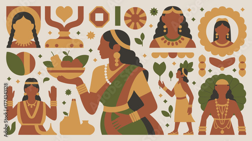 Stylized Illustration of Diverse Women with Cultural Motifs and Geometric Accents on a Beige Background