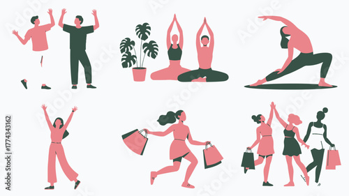 Stylized Illustration of People in Various Activities Including Yoga, Shopping, and Celebrating With Arms Raised