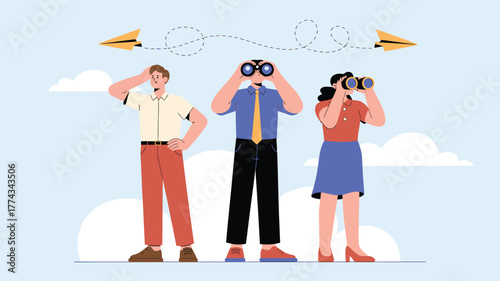 Three People Looking Ahead with Binoculars and Hand Gestures, Paper Airplanes Above