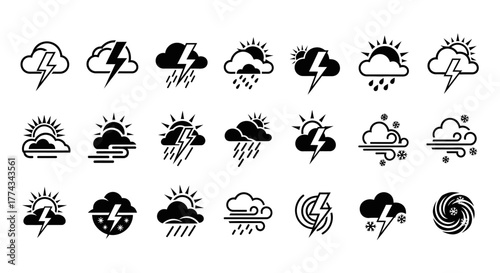 Black and White Weather Icons Depicting Various Atmospheric Conditions.