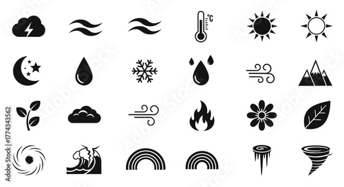 Black and White Weather Icons Diverse Symbols Representing Natural Elements.