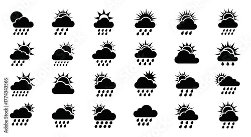 Black Weather Icons Depicting Sun Clouds and Rain in Various Combinations.