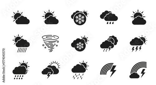 Black Weather Icons Depicting Sun Clouds Rain Snow and Storms.