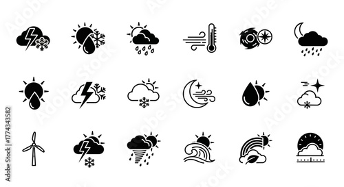 Black Weather Icons Depicting Various Atmospheric Conditions and Elements.