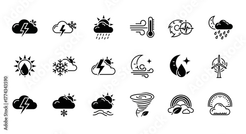 Black Weather Icons Depicting Various Meteorological Conditions and Phenomena.