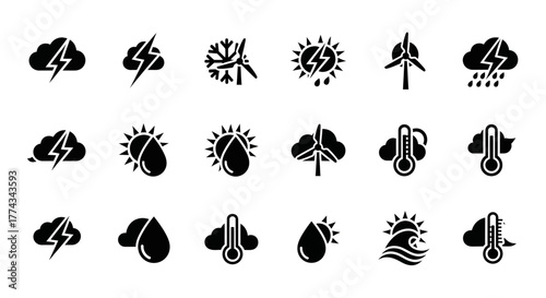 Black Weather Icons Storms Sun Wind Temperature and Rain.