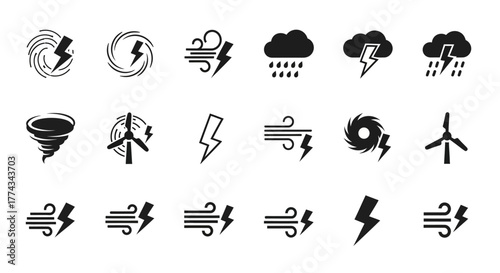 Weather Hazard Icons Tornado Lightning Wind Rain Hurricane Windmill.