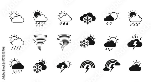Weather Icons Black and White Illustrations of Various Weather Conditions and Symbols.