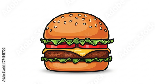 Delicious cheeseburger vector illustration with lettuce tomato and sesame seed bun for menu design