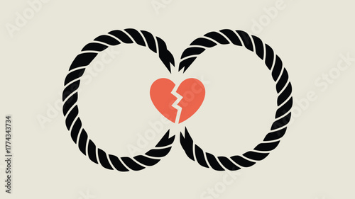 Two Ropes Encircling a Broken Heart, Illustration on Light Beige Background Symbol