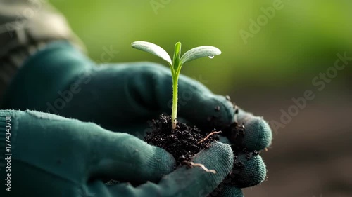 Caring hands holding a small green seedling growing in fertile soil symbolizing growth new life and environmental stewardship.