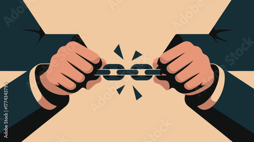 Two Hands in Suits Breaking a Dark Metal Chain, Sharp Fragments Flying Around