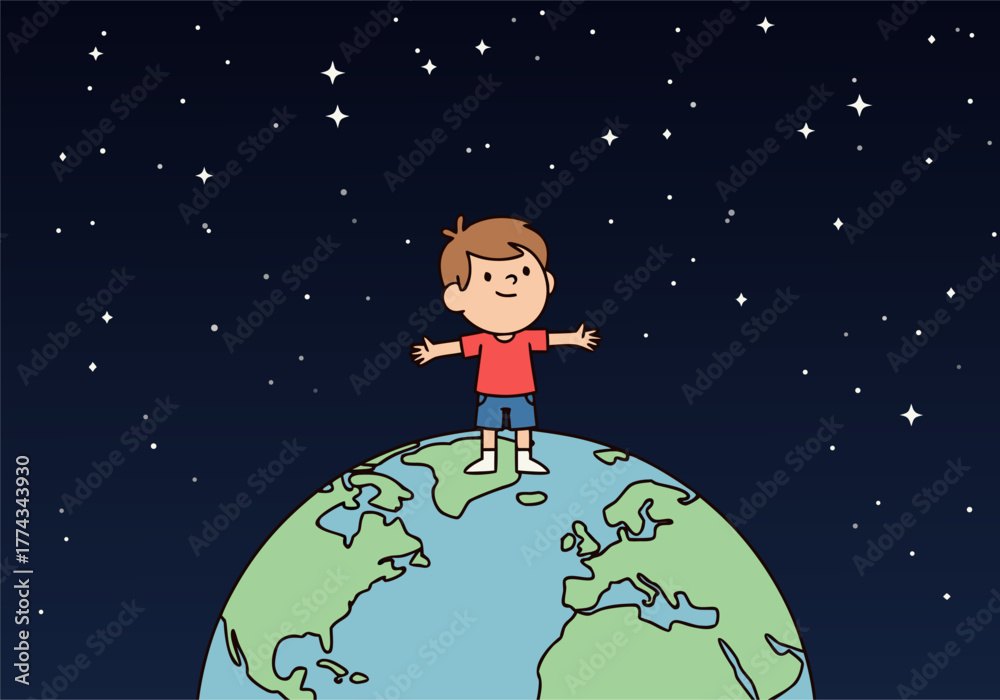 Fototapeta premium Boy Standing on Earth Under Starry Night Sky - Children Education Concept