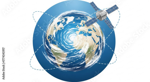 Satellite orbiting earth illustration for global communication and weather monitoring concept design vector