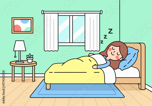 Woman Sleeping Peacefully in Cozy Bedroom Vector - Relaxation and Comfort Concept