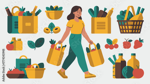 Woman Carries Groceries in Bags and Baskets with Produce, Fruits, and Beverages Illustration