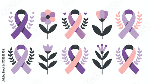 Variety of Ribbons and Flower Illustrations Purple, Pink, and Lavender Colors on White Background