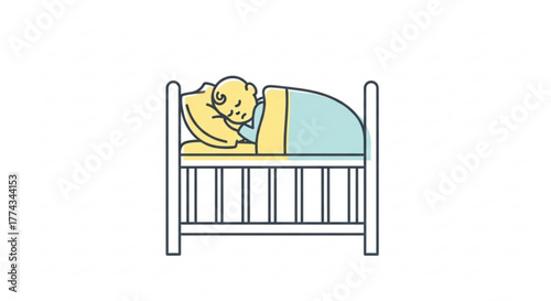 Sleeping baby in crib vector illustration for baby care products and nursery decoration design needs