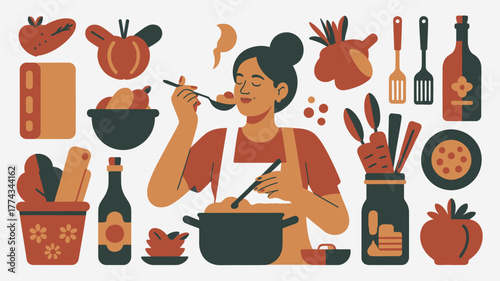 Woman Cooking with Spoon, Vegetables, Wine and Utensils, Flat Illustration Design