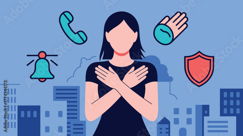 Woman Crossing Arms With Help Icons Emergency, Phone, Protection, Buildings Background Illustration