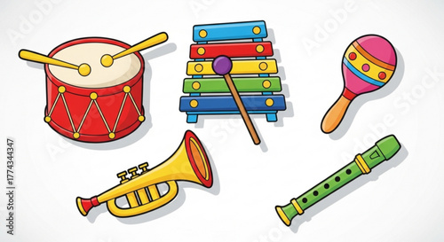 Cartoon musical instruments vector set xylophone drum trumpet flute maraca for kids learning and playing music