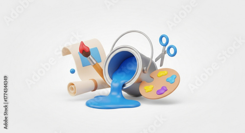 Art supplies and painting tools for creative projects and artistic endeavors with paint and brush set up