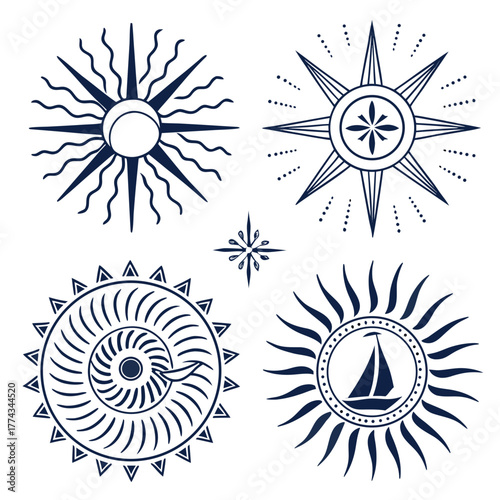 Nautical Sun Compass Rose and Celestial Sailor Symbols Set