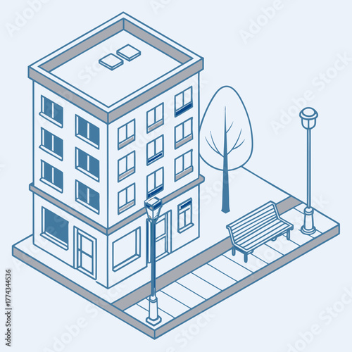 Isometric Apartment Building and City Street Scene Vector Illustration
