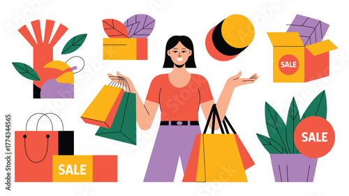 Woman with Colorful Shopping Bags Surrounded by Sale Signs and Abstract Shapes Illustration