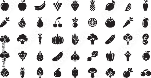 set of diverse fresh fruits and vegetables icons in a clean and simple black and white design