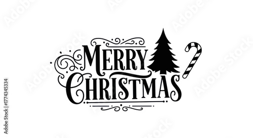 Elegant black and white Christmas greeting with ornate lettering, tree, and candy cane.