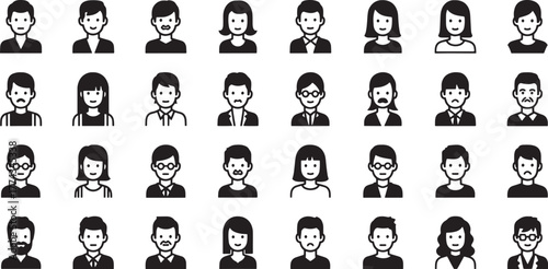 Diverse set of stylized black and white human face icons for user profiles and avatars