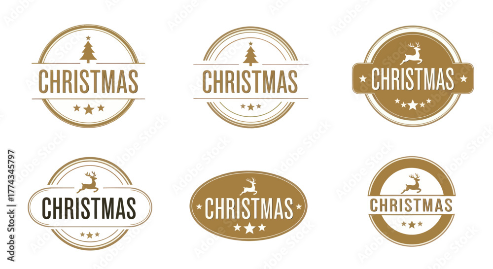 Fototapeta premium A collection of six vintage-style Christmas emblems featuring festive icons like trees and reindeer, each with the word 